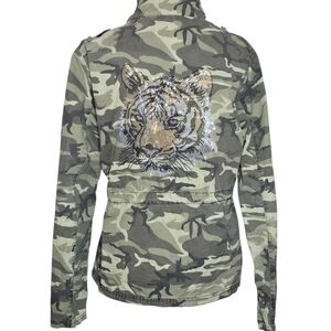 Ashley By 26 International Green Camouflage Rhinestone Tiger Zip Utility Jacket
